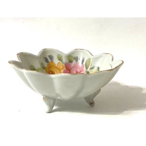 Hand Painted Finger Bowl With Floral Detail, Footed, Scalloped, Vintage Japan - Picture 3 of 10
